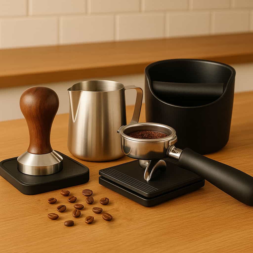 Barista Werkzeuge für die Kaffeezubereitung: Tamper, Milchkännchen, Siebträger und Knockbox