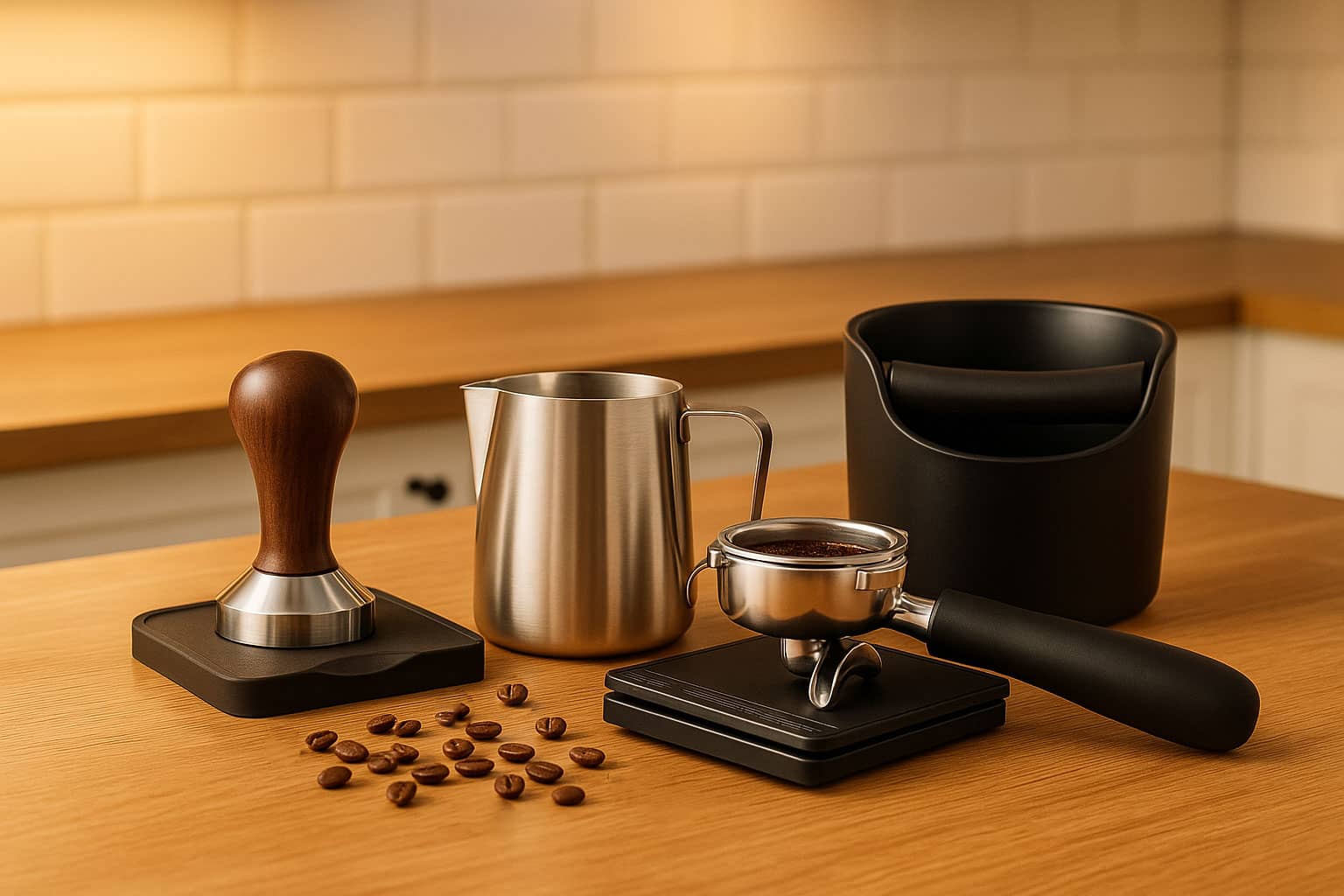 Barista Zubehör Set mit Tamper, Milchkännchen, Siebträger und Abschlagbox auf Kaffeeküchen-Arbeitsplatte