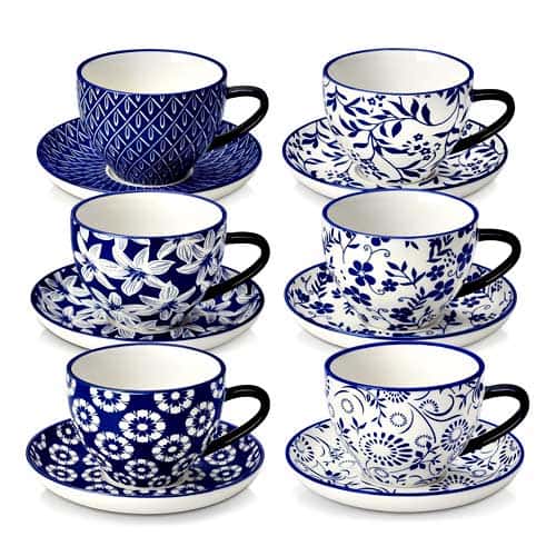 Bunte Cappuccino Tassen Vintage blau-weiß 6er Set Porzellan