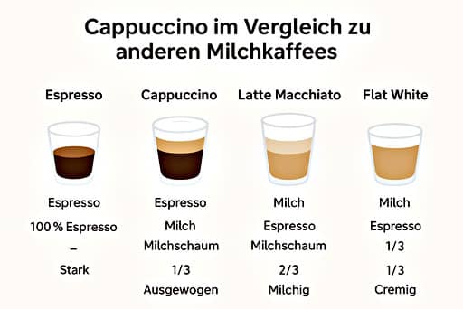 Cappuccino im Vergleich zu Milchkaffee, Latte Macchiato und Flat White – Infografik Infografik zeigt den Vergleich italienischer Kaffee-Varianten hinsichtlich Milchanteil, Schaum, Servierweise und Geschmack.