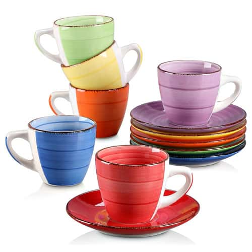 Dickwandige italienische Cappuccinotassen bunt kaufen, 6er Set aus Steingut in leuchtenden Farben.