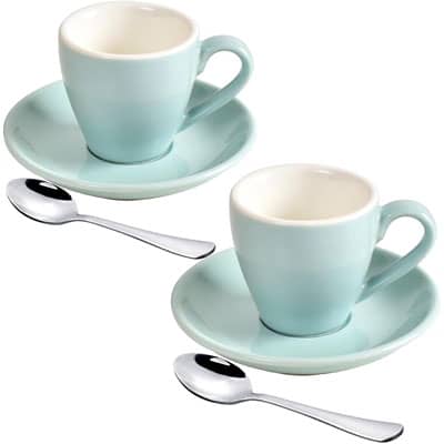 ionEgg 2 Porzellan Espresso-Tassen mit Untertasse und Edelstahl-Mini-Löffeln