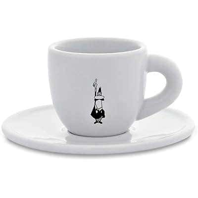 Weiße Espressotasse von Bialetti mit schwarzem Logo