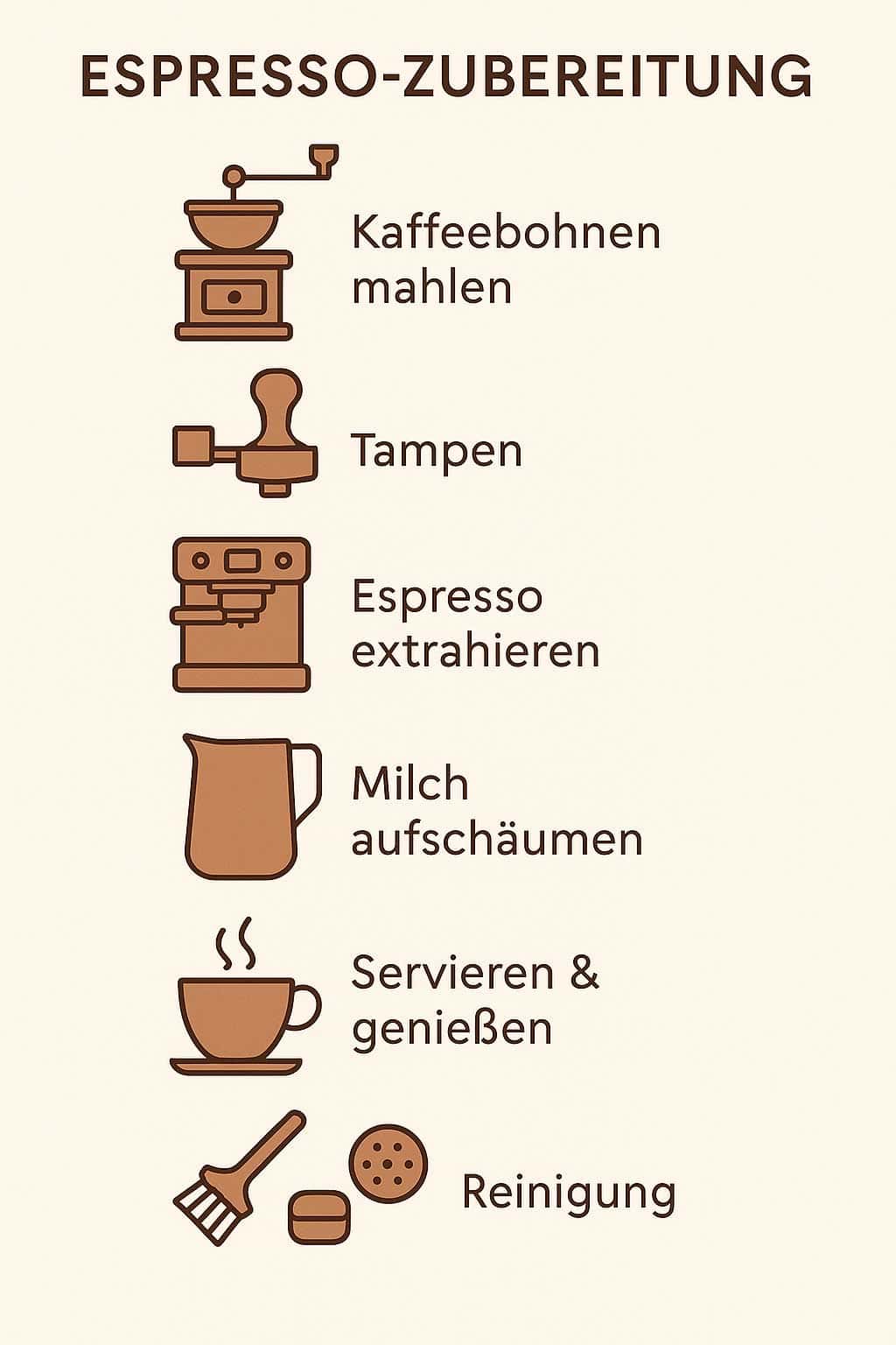 Schritt-für-Schritt-Grafik zur Espressozubereitung mit Siebträger-Zubehör – von der Espressomühle bis zur Reinigung