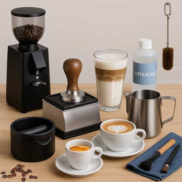 Siebträgermaschinen Zubehör mit Tamper, Mühle, Tamperstation, Tassen, Milchkännchen und mehr