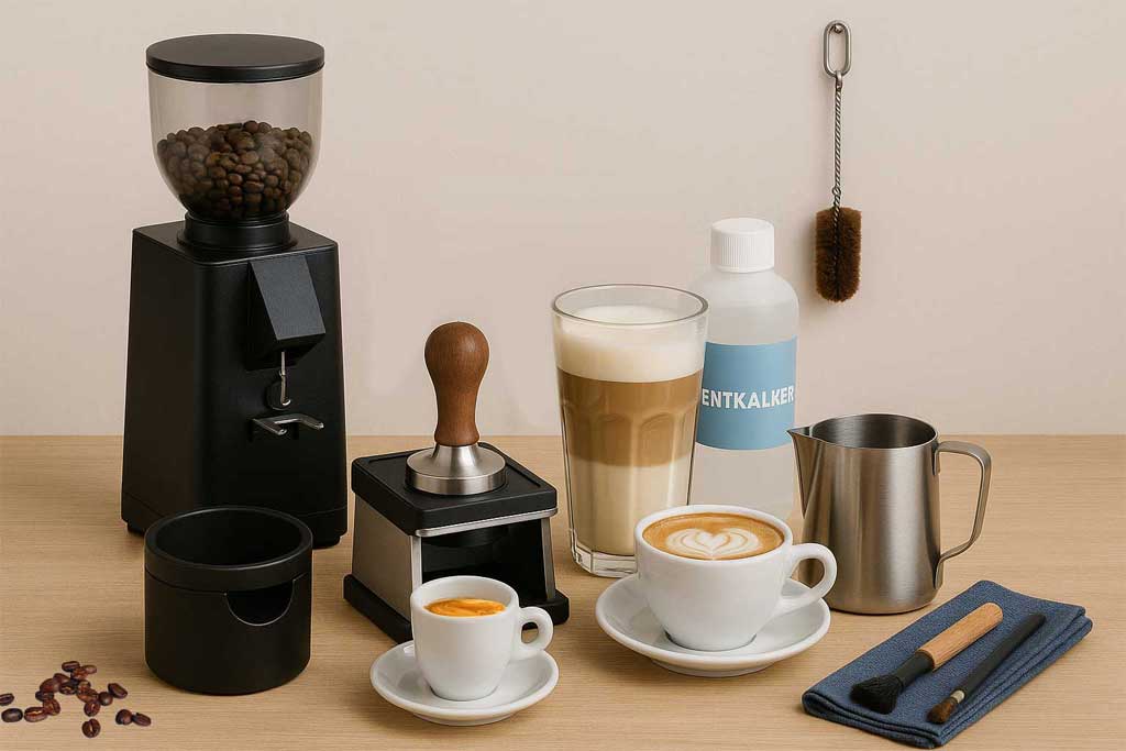 Komplettes Set Siebträgermaschinen Zubehör mit Tassen und Reinigungsset