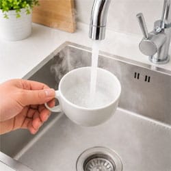 Tasse mit heißem Wasser vorwärmen Cappuccino Tasse wird mit heißem Waser vorgewärmt